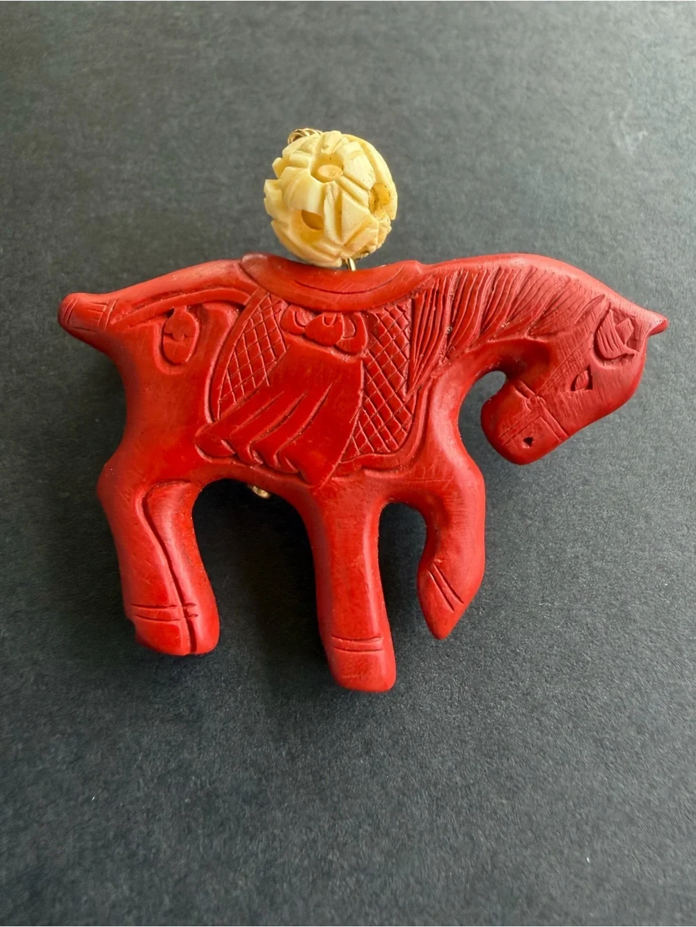 Vintage Chinese Carved Red Cinnabar Lacquer Horse Brooch Pin